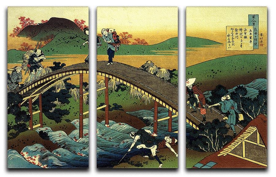 A stunning 3-panel canvas art featuring Hokusai's Travellers on the bridge near the waterfall of Ono, showcasing vibrant colors and intricate details.